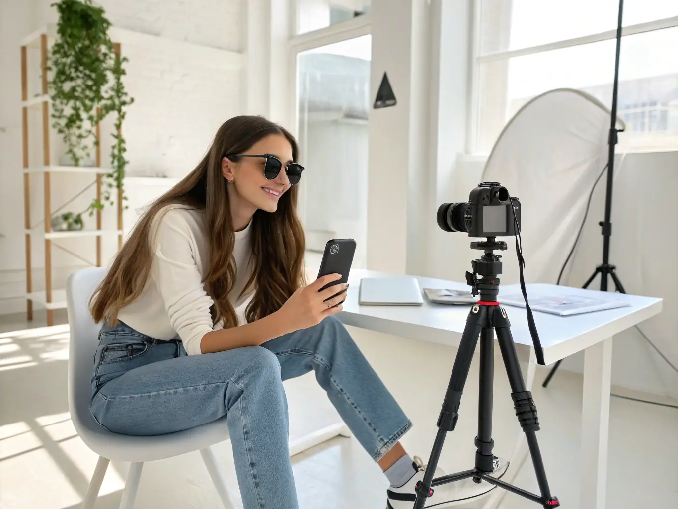 A photo of a popular influencer collaborating with a brand representative, creating content for a social media campaign, representing Wellnis Agency's influencer marketing service.